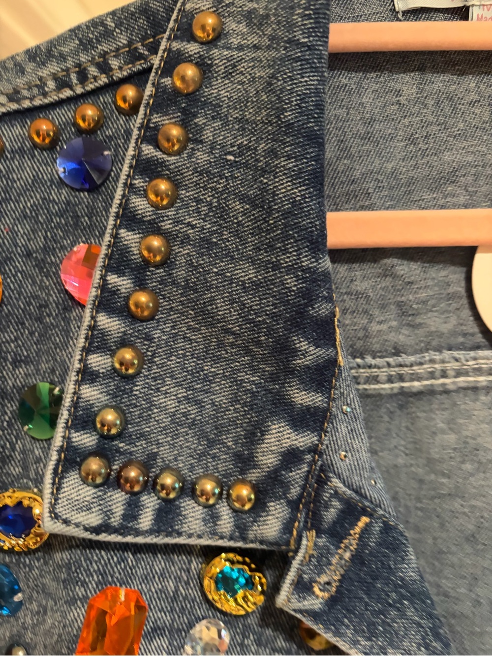Pastels Blue Denim Jacket with Multicolor Gem Accents Size L - Picture 6 of 8